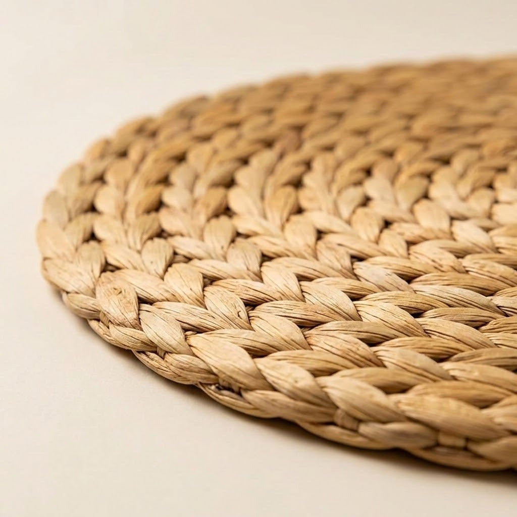 A close-up of a round woven straw placemat or tray edge on a plain light beige background.