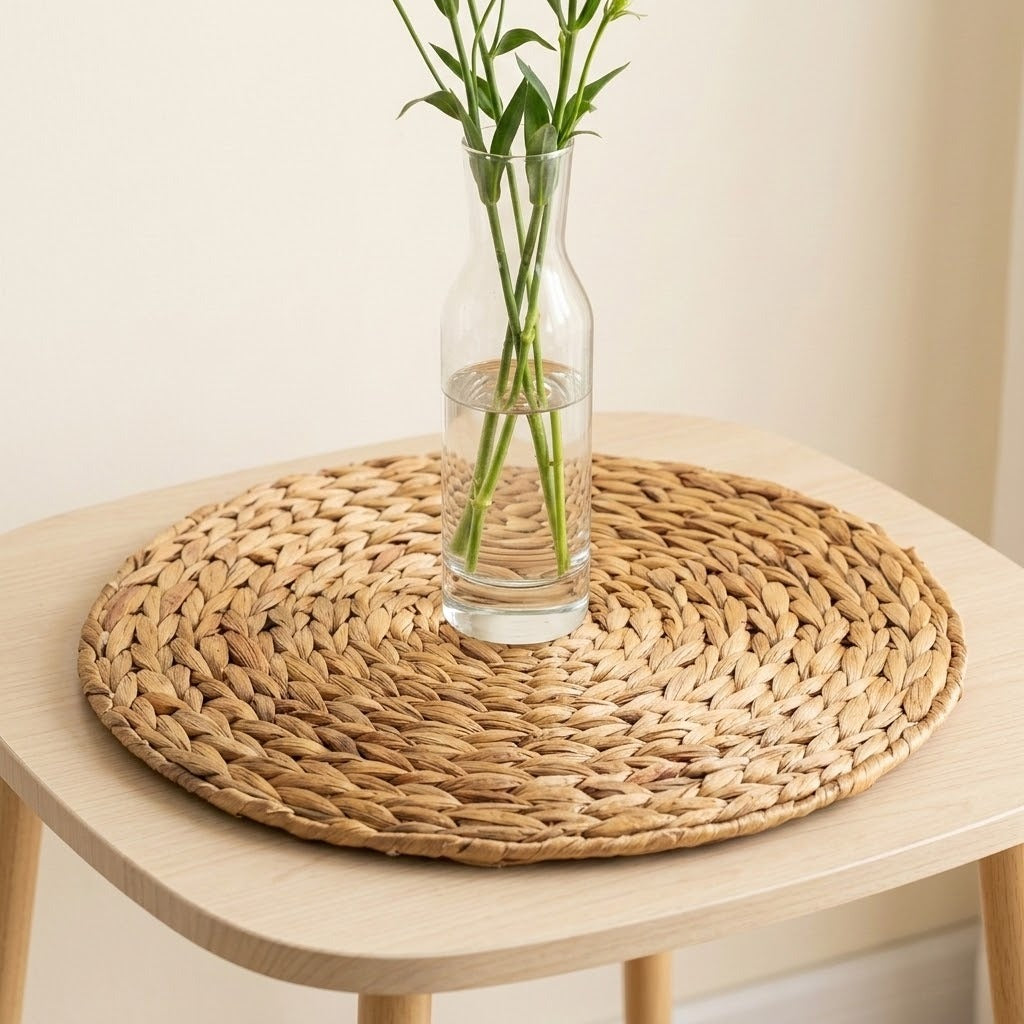 A clear glass vase containing water and green stems stands on a round tan woven placemat atop a pale wooden table.