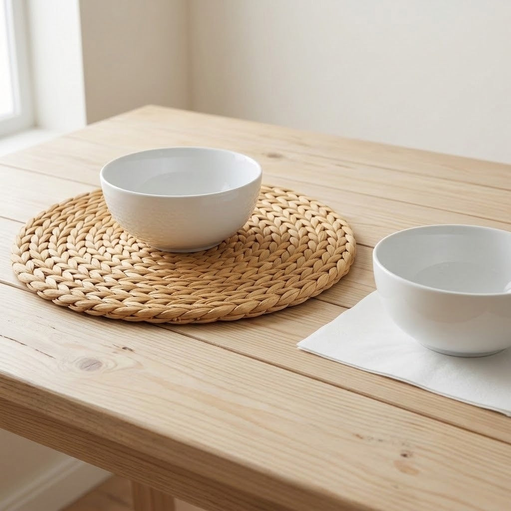 A tan woven placemat supports a white bowl beside another white bowl on a folded white napkin on a wooden table.