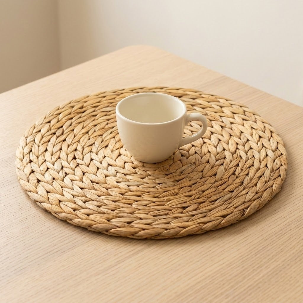 A cream ceramic cup sits in the centre of a round tan woven placemat on a pale wooden table.