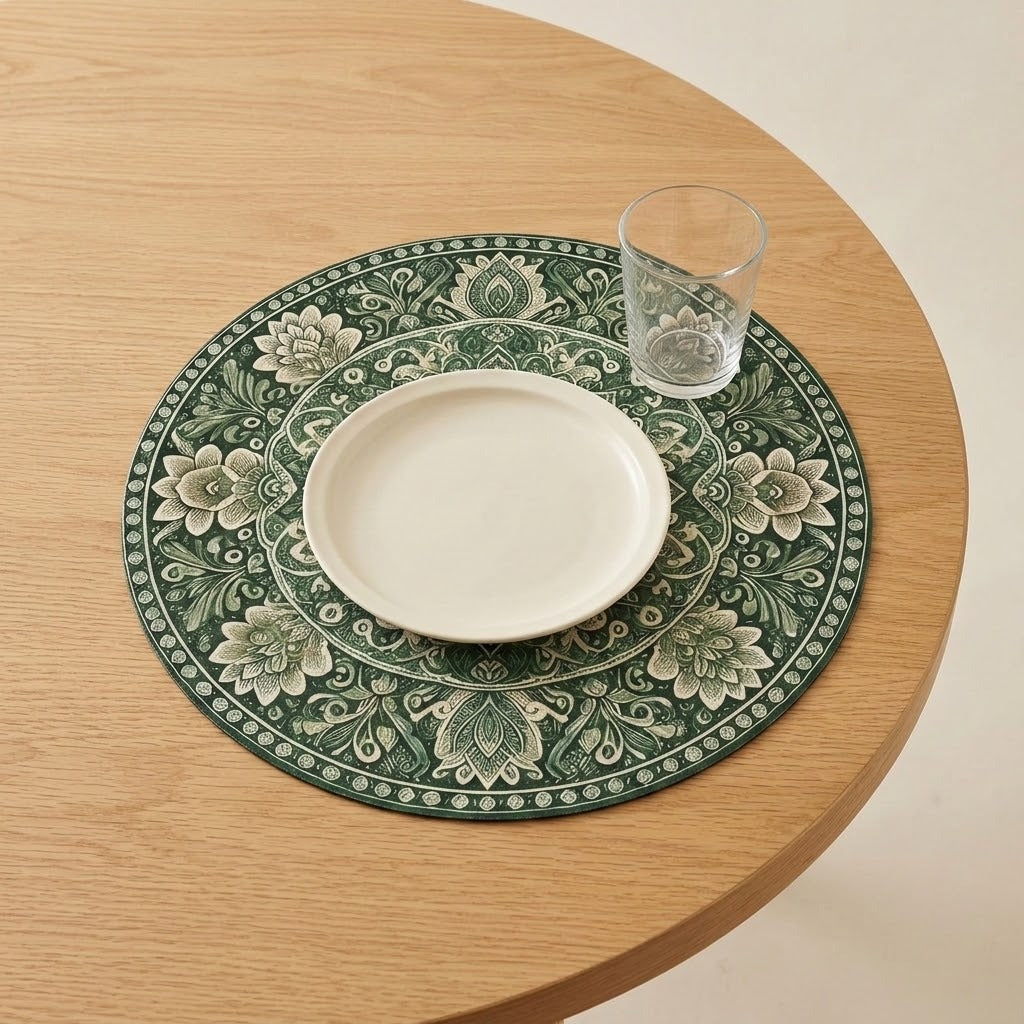 A round green and beige floral placemat on a light wood table, styled with a white plate in the center and a clear glass tumbler.