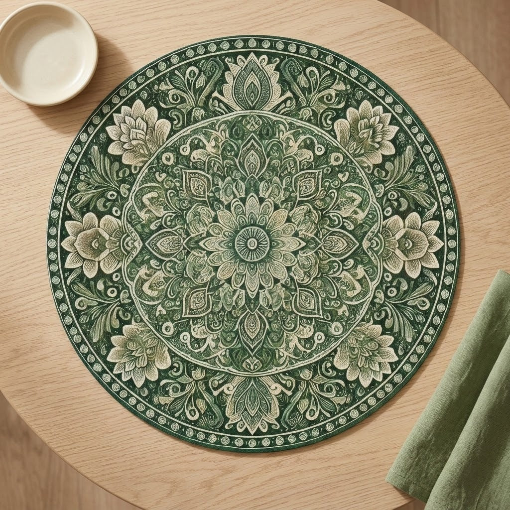 A round green and beige mandala-patterned placemat on a light wood table, styled with a small white bowl and a folded green napkin.