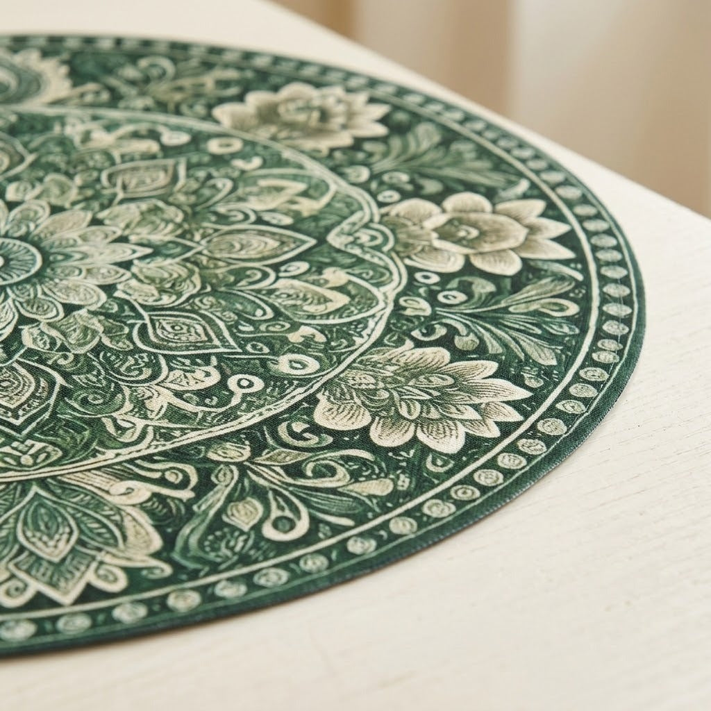 A close-up of a round green placemat with an intricate floral mandala pattern, resting on a light-colored wooden table.