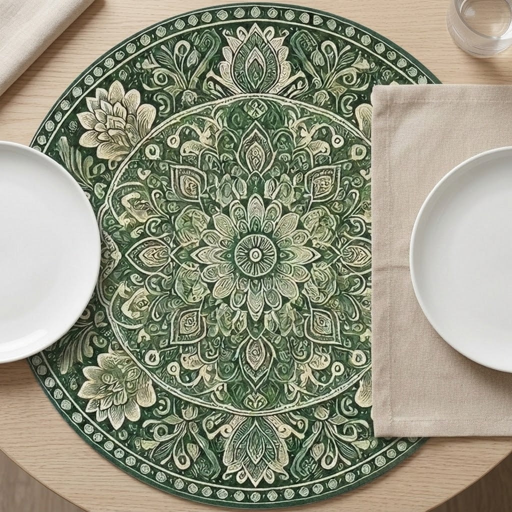 A round green and cream floral placemat lies beneath white plates and a beige napkin on a light wooden table.