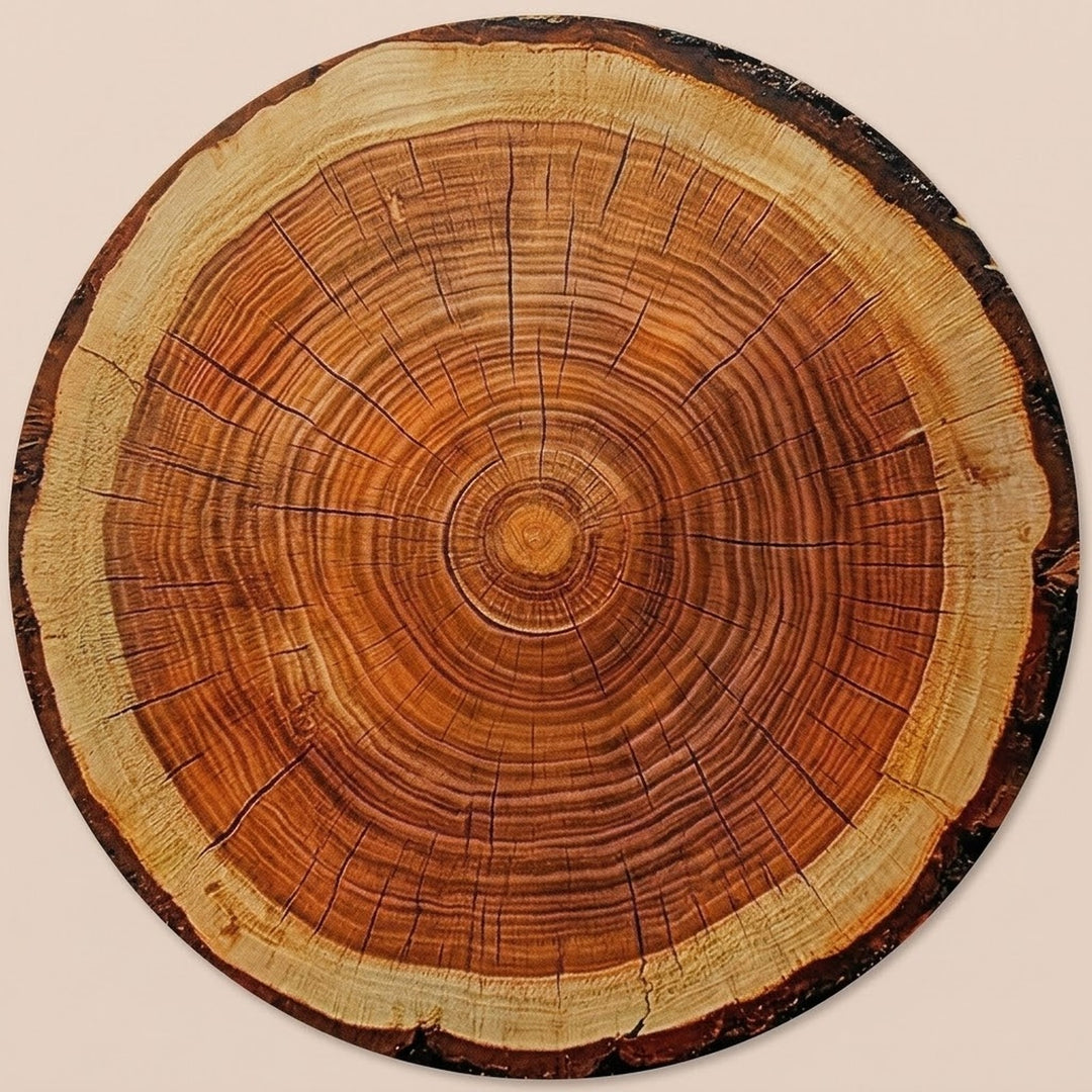 A circular wood slice wall art piece featuring natural tree growth rings and a dark bark edge, displayed against a solid light beige background.