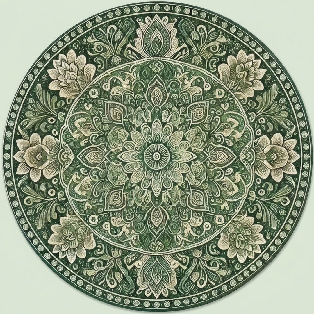 A circular decorative rug with an intricate mandala and floral pattern in shades of dark green and beige, shown flat against a light green background.