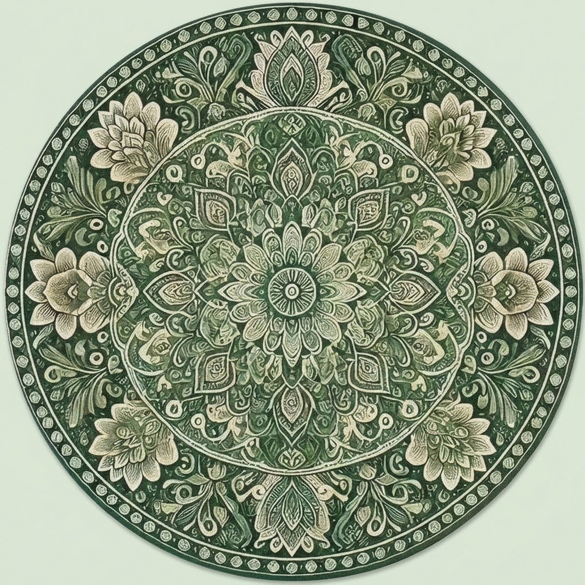A circular decorative rug with an intricate mandala and floral pattern in shades of dark green and beige, shown flat against a light green background.