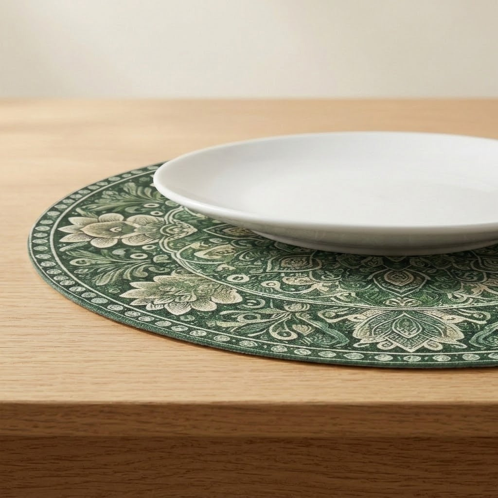 A white plate rests on a round dark green placemat with cream floral patterns on a light wooden table.