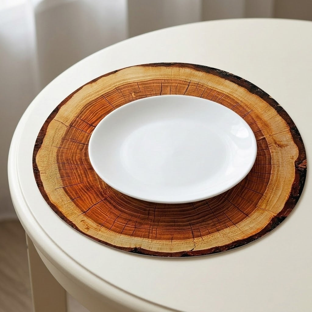 A white plate sits on a round brown wood-slice print placemat on a white table.