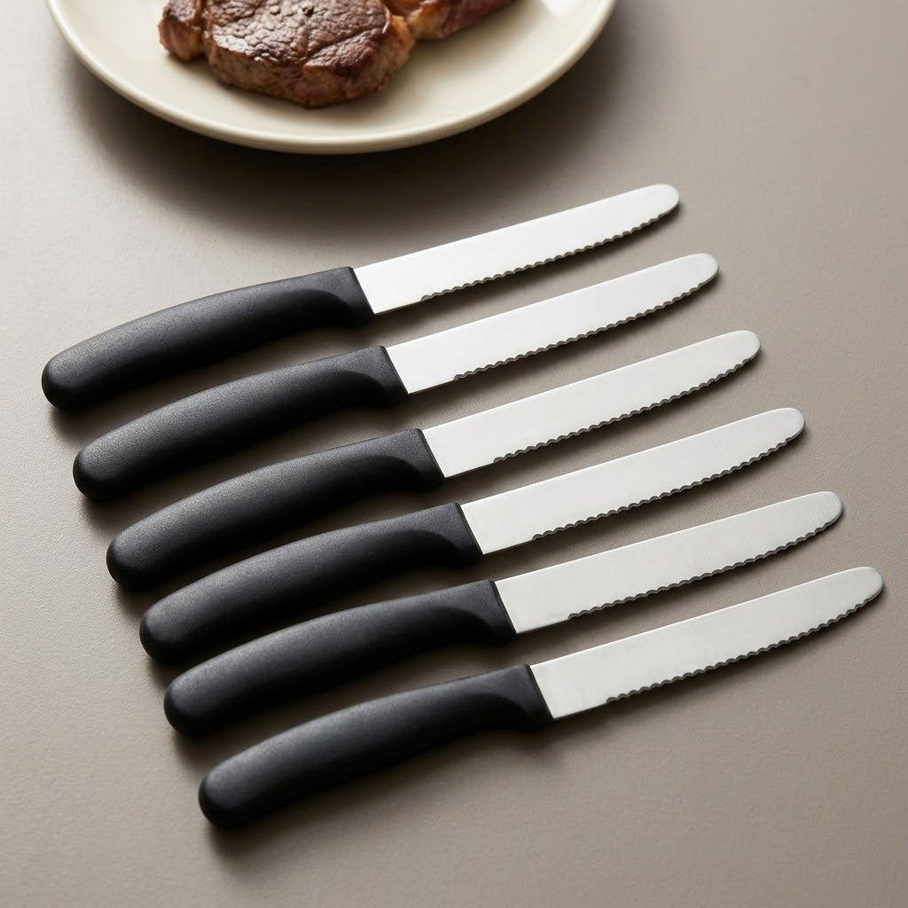 Six black-handled knives with silver serrated blades lie diagonally on a grey tabletop beside a plate of steak.