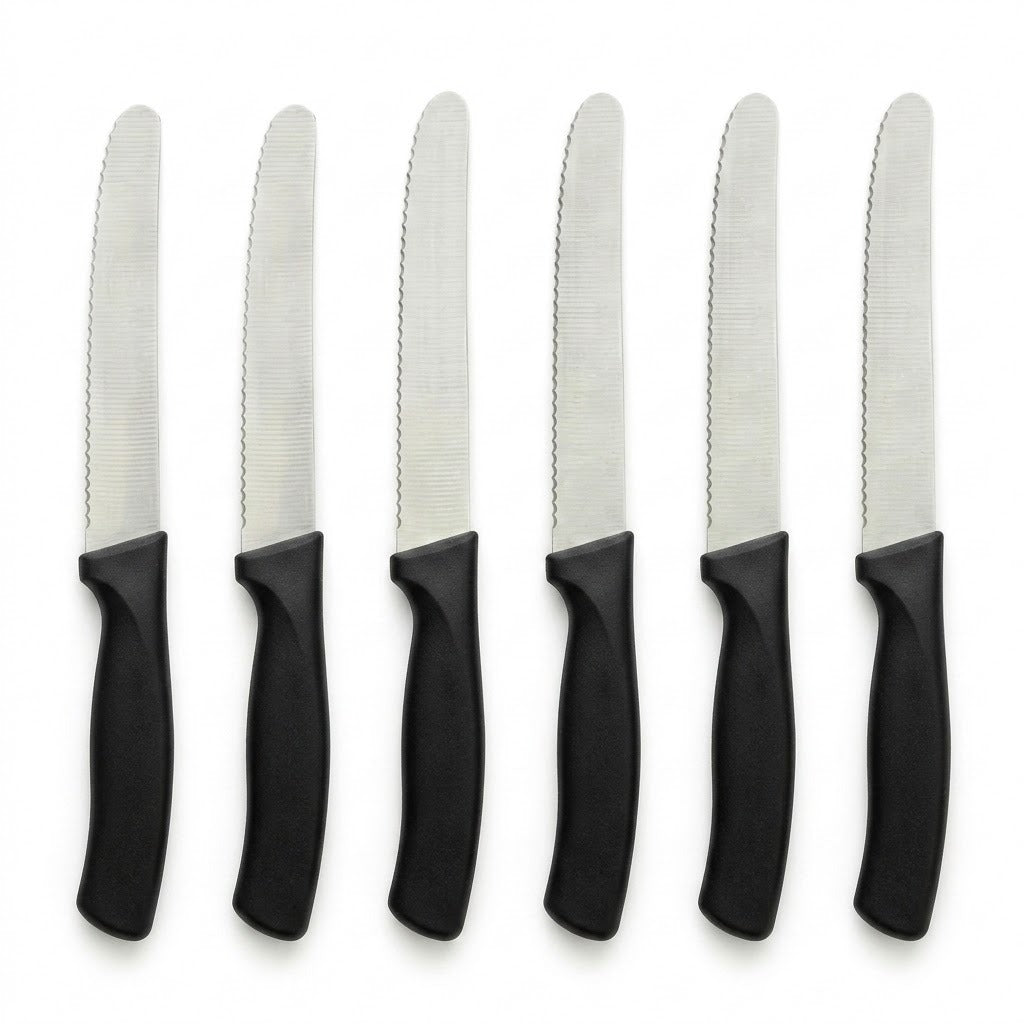 Six serrated knives with curved black handles and silver blades stand in an evenly spaced row against a white background.