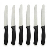 Six serrated knives with curved black handles and silver blades stand in an evenly spaced row against a white background.