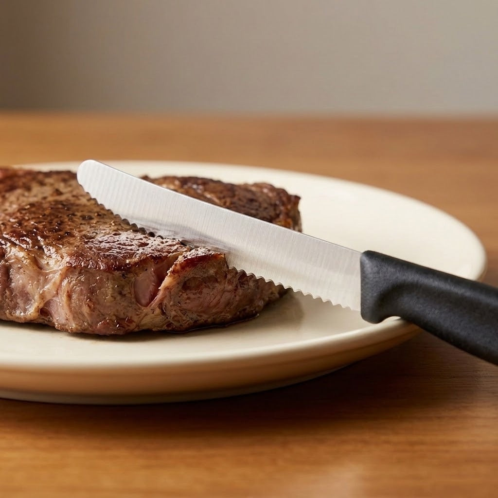 A black-handled knife with a silver serrated blade rests across grilled steak on a cream plate atop a wooden table.
