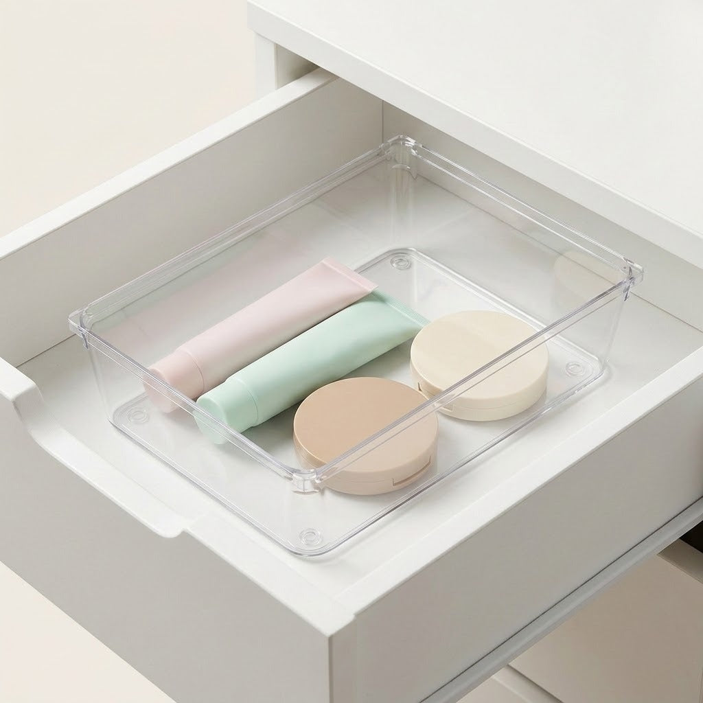 A clear plastic drawer organizer tray holding three pastel cosmetic containers inside an open white drawer.