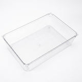 A clear plastic rectangular storage bin with a slightly textured bottom, shown on a seamless white background.