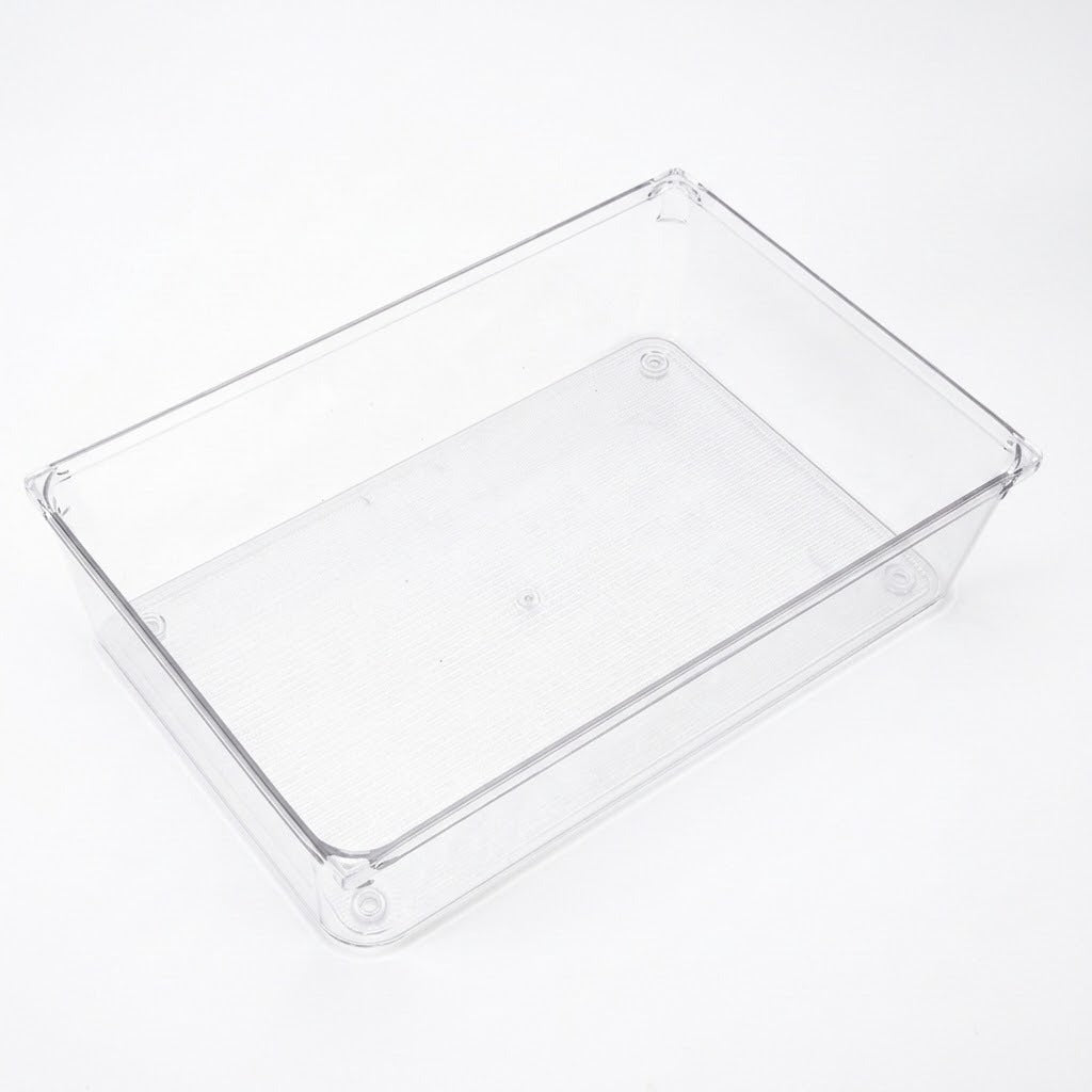 A clear plastic rectangular storage bin with a slightly textured bottom, shown on a seamless white background.