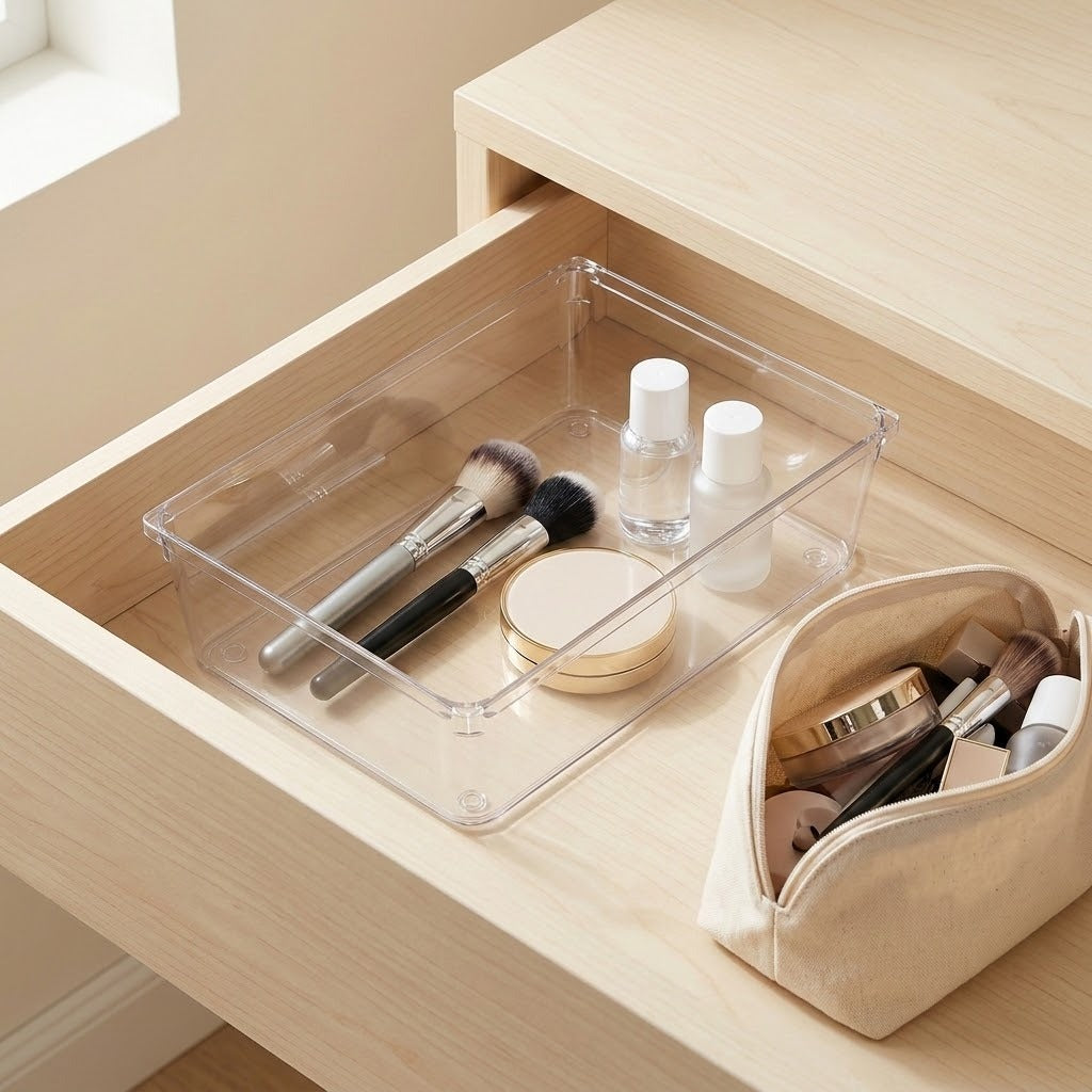 A clear rectangular organizer holds makeup brushes, white-capped bottles, and a round compact beside a beige pouch in a wooden drawer.