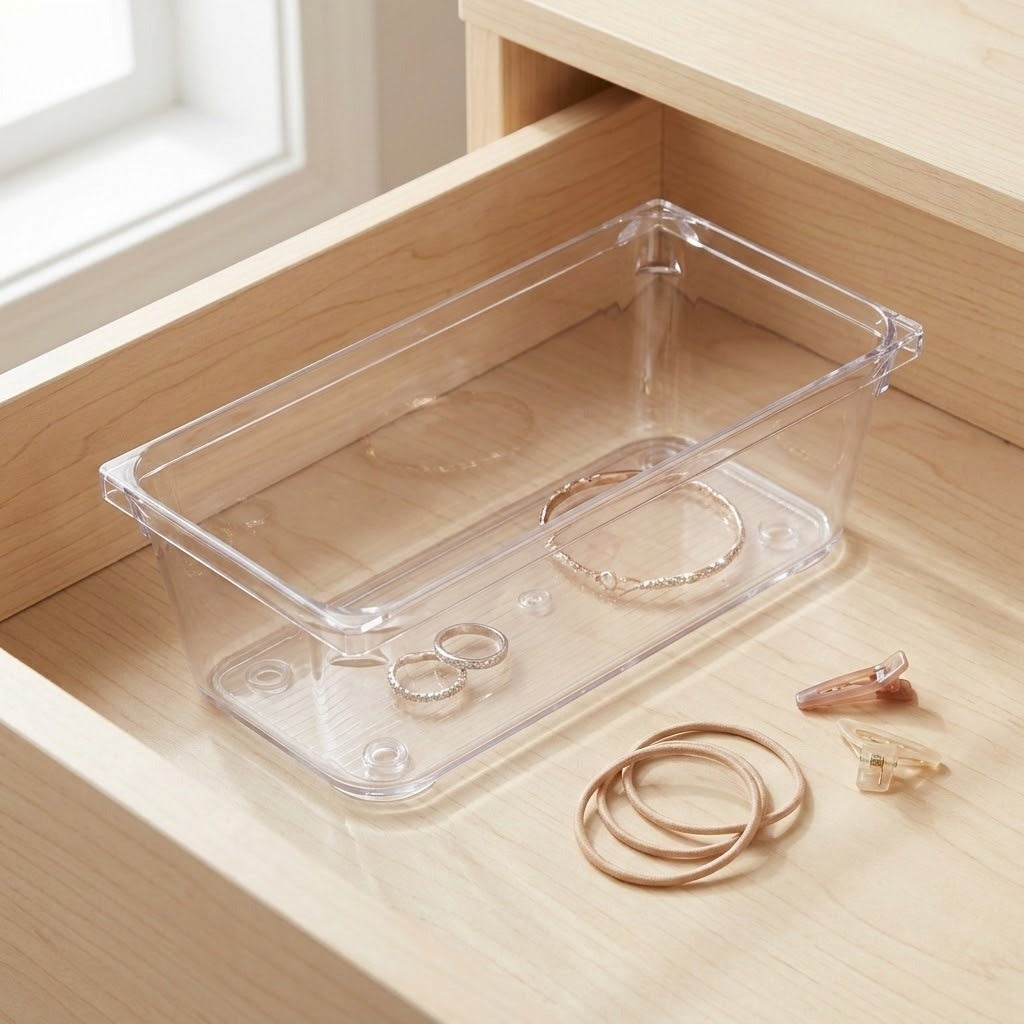 A clear rectangular organizer holds rings and a bracelet inside a light wooden drawer, with gold-toned jewelry beside it.