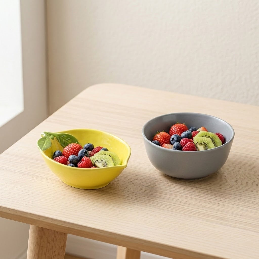 Two ceramic fruit bowls on a light wood table, one yellow with a leaf-shaped rim and one gray, both filled with fresh berries and kiwi slices.