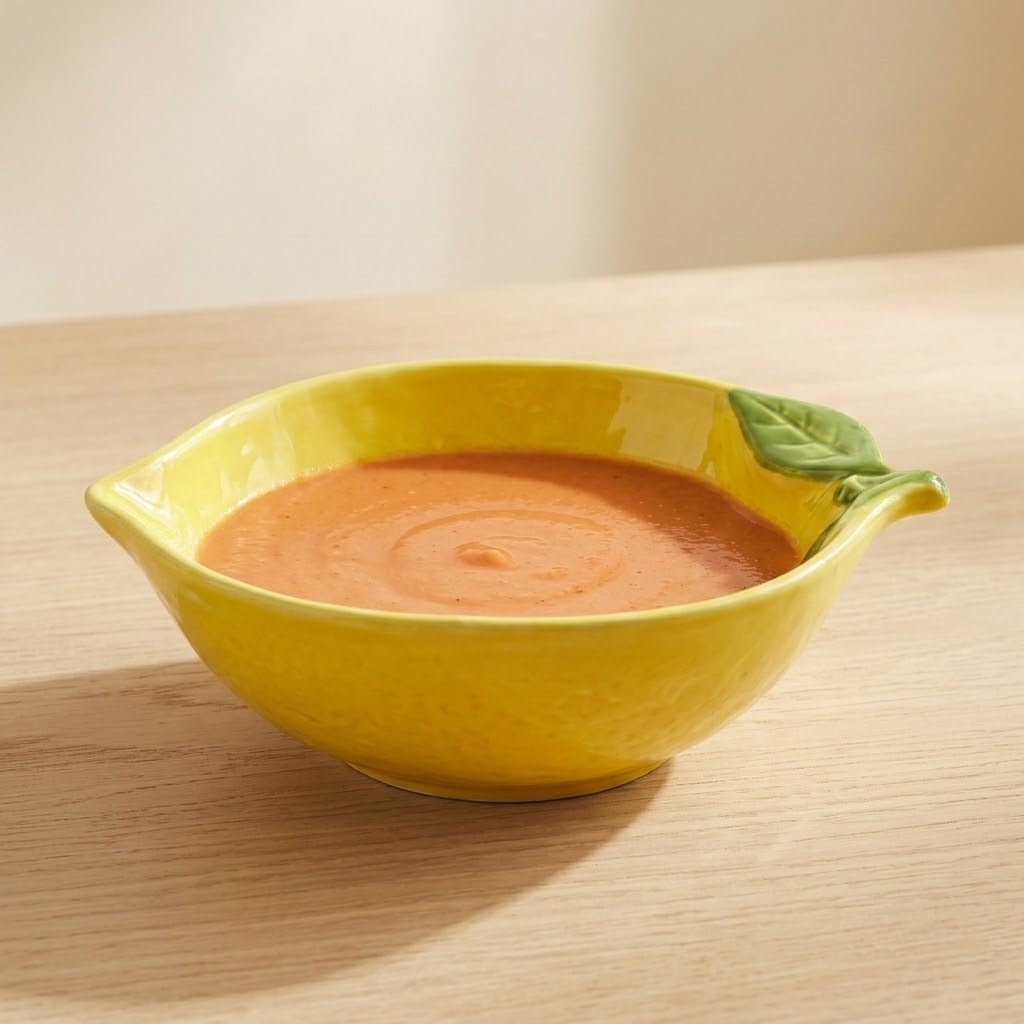 A bright yellow ceramic serving bowl filled with orange soup, placed on a light wood table with a soft beige background. The bowl has small side spouts and a green leaf detail on the right side.