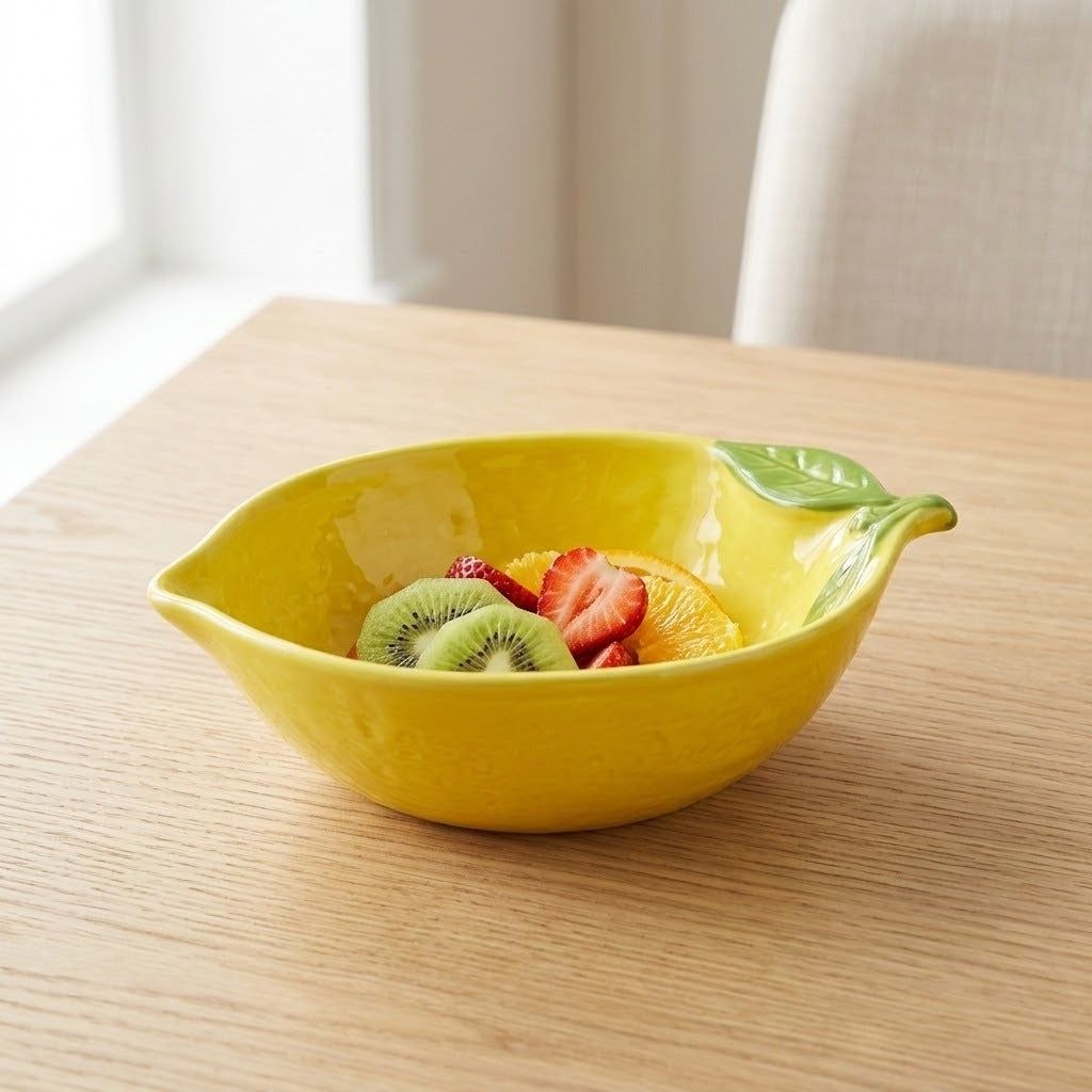 A bright yellow ceramic bowl shaped like a lemon, filled with sliced kiwi, strawberries, and orange segments, set on a light wood table.