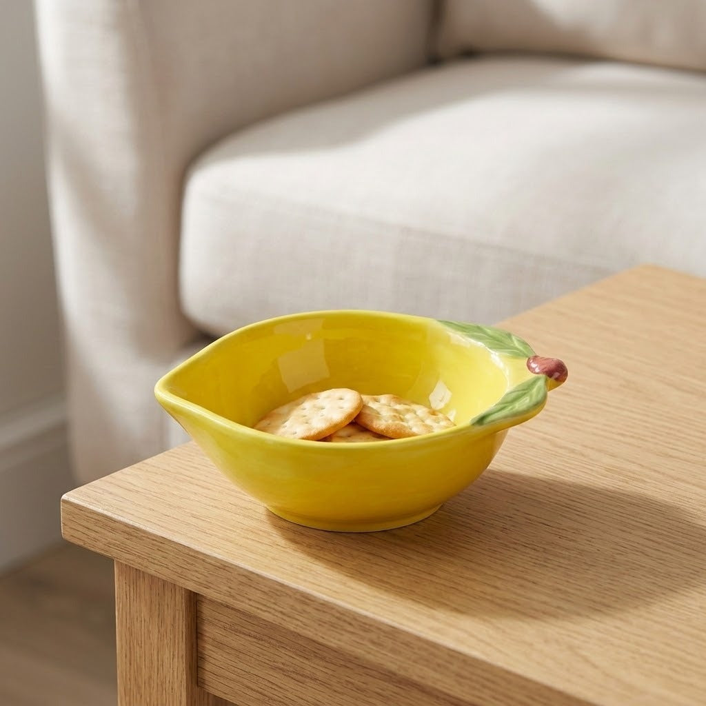 A bright yellow ceramic bowl with a green leaf handle, filled with round crackers, sitting on a light wood table in a living room setting with a blurred sofa in the background.