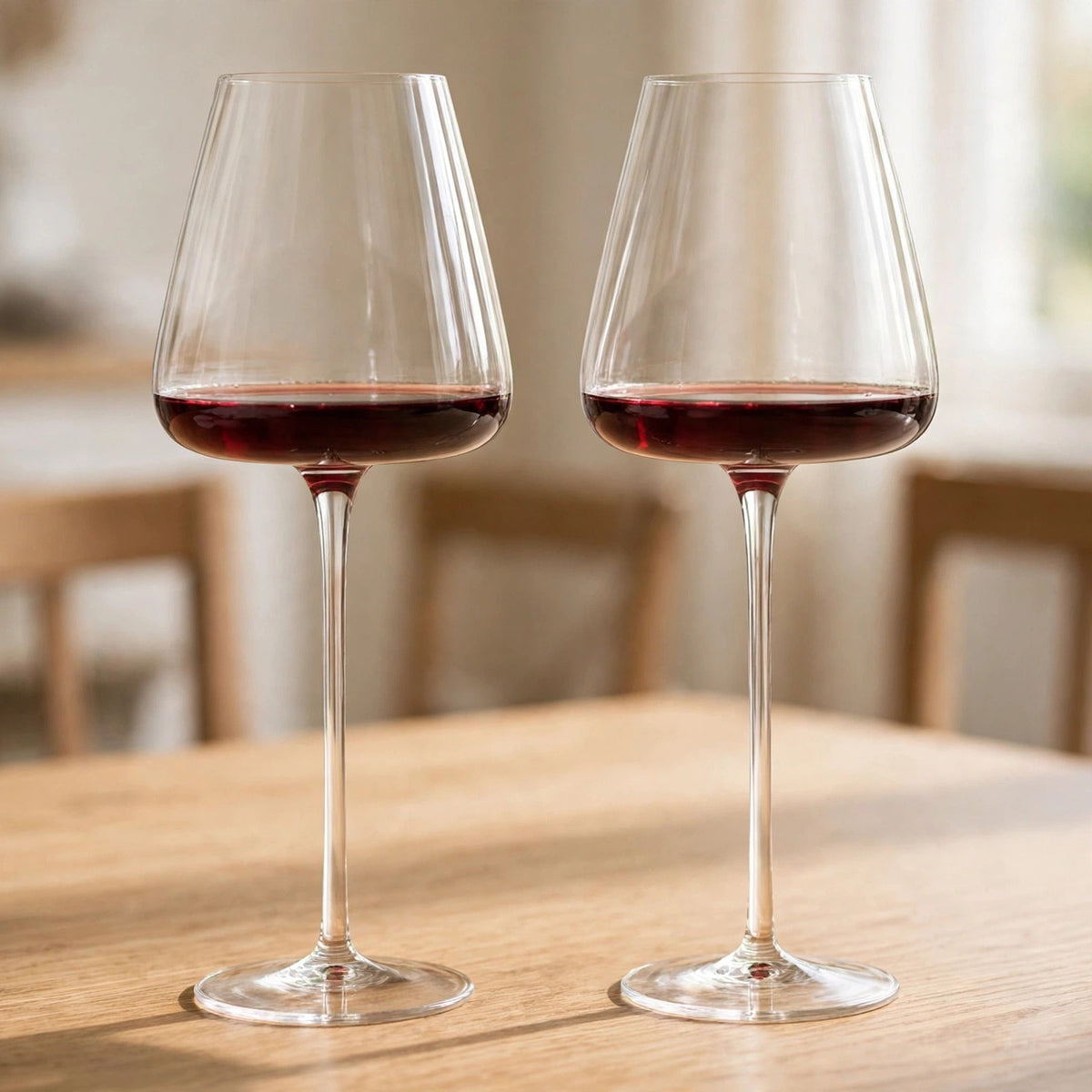 Two clear, long-stemmed wine glasses holding red wine stand on a sunlit wooden table with blurred chairs behind them.