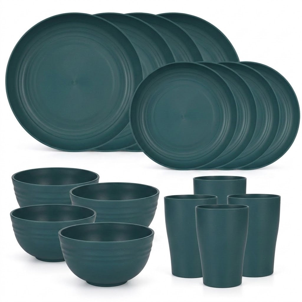 A dark teal green dinnerware set including plates, bowls, and cups, arranged on a clean white background.