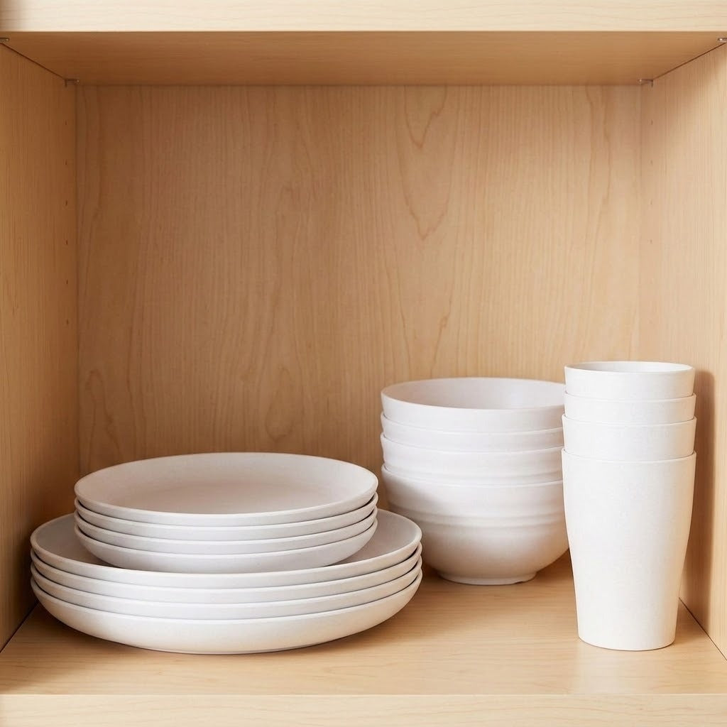 A set of minimalist white ceramic tableware, including plates, bowls, and cups, neatly organized inside a light wood cabinet.