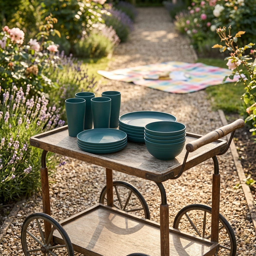 Dark green plates, bowls, and four tall cups sit on a wooden garden trolley beside flowers and a picnic blanket.