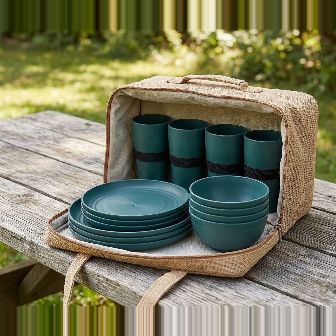 Dark green plates, stacked bowls, and four cups are arranged inside an open beige carrying case on an outdoor wooden table.
