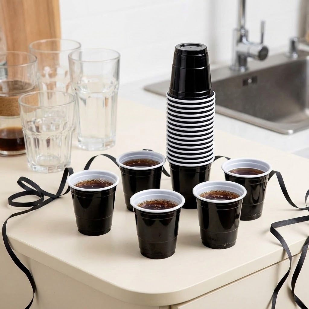 Black cups with white rims stand stacked beside five filled cups on a cream kitchen counter near a sink.