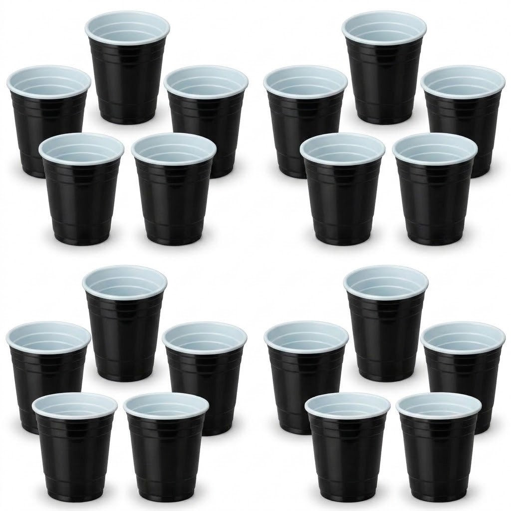 Twenty black cups with white interiors and rims are arranged in four groups of five against a white background.