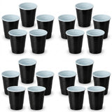 Twenty black cups with white interiors and rims are arranged in four groups of five against a white background.