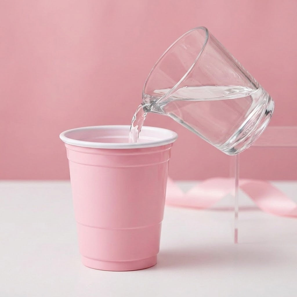 Clear liquid pours from a tilted glass into a pink cup with a white rim against a pink background.