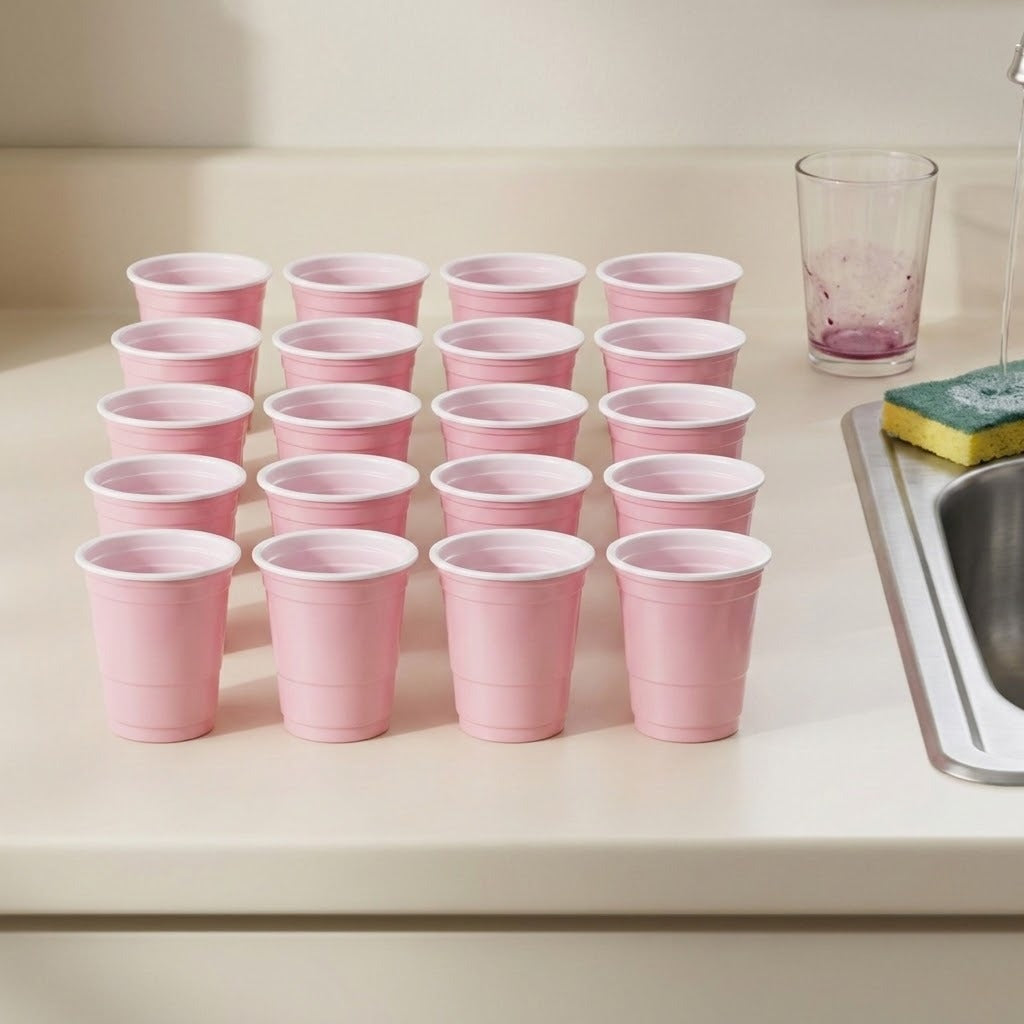 Twenty pink cups with white rims stand on a cream kitchen counter beside a sink, sponge, and drinking glass.