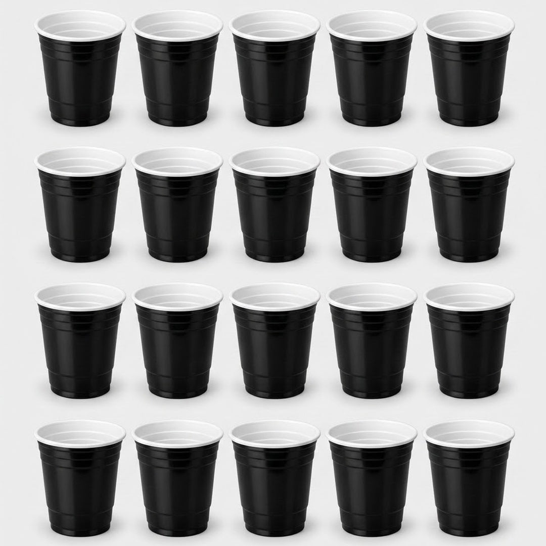 Twenty black cups with white interiors are arranged in four rows of five against a light grey background.