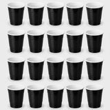 Twenty black cups with white interiors are arranged in four rows of five against a light grey background.