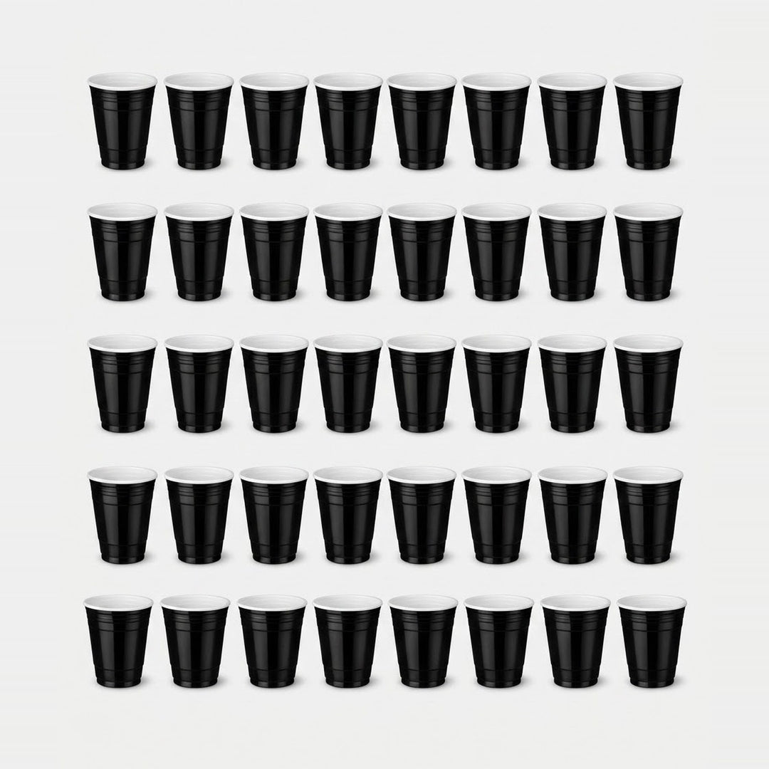 Forty black cups with white rims are arranged in five rows of eight against a light grey background.