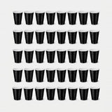 Forty black cups with white rims are arranged in five rows of eight against a light grey background.