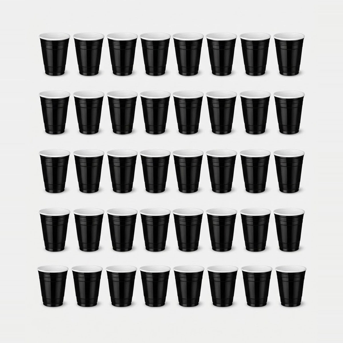Forty black cups with white rims are arranged in five rows of eight against a light grey background.