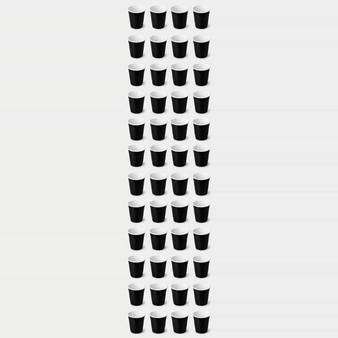Black cups with white interiors are arranged in twelve rows of four, forming a narrow grid against a light grey background.