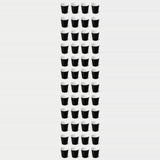 Black cups with white interiors are arranged in twelve rows of four, forming a narrow grid against a light grey background.