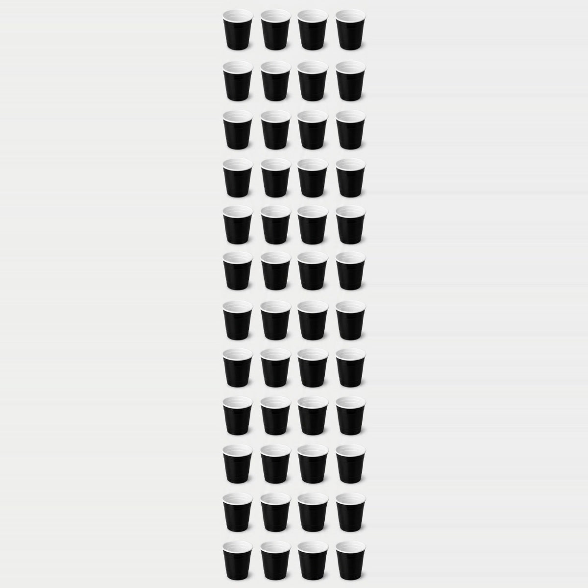Black cups with white interiors are arranged in twelve rows of four, forming a narrow grid against a light grey background.