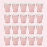 Twenty pale pink cups with white interiors are arranged in four rows of five against a light pink background.