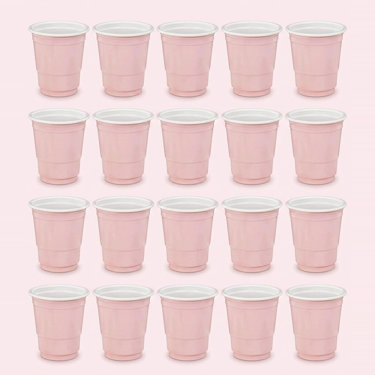 Twenty pale pink cups with white interiors are arranged in four rows of five against a light pink background.