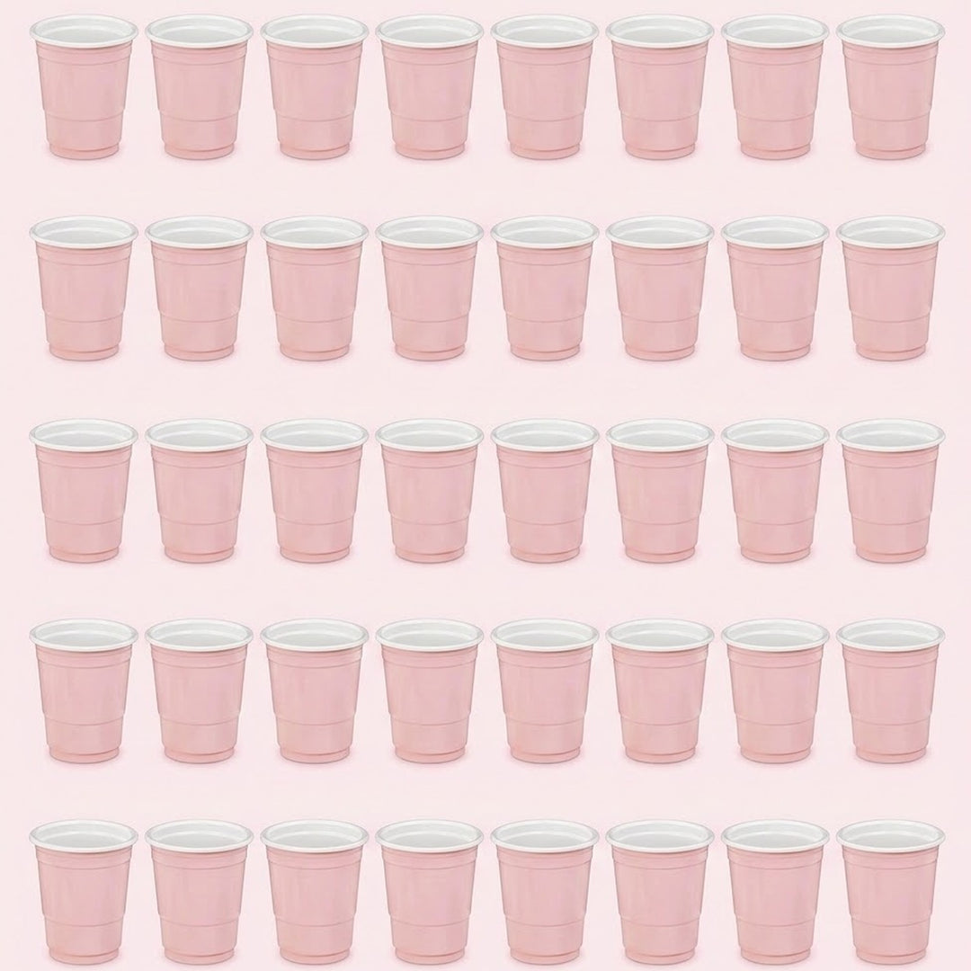 Forty pale pink cups with white rims are arranged in five rows of eight against a light pink background.