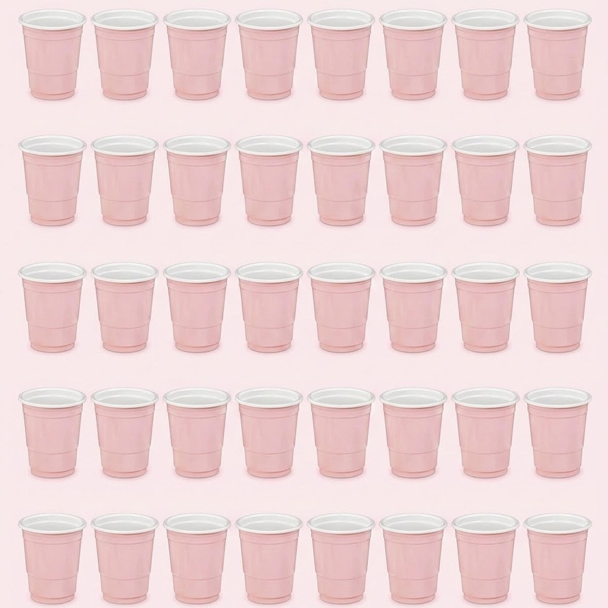 Forty pale pink cups with white rims are arranged in five rows of eight against a light pink background.
