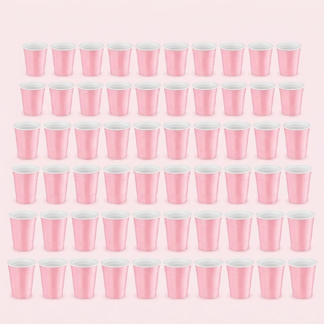 Sixty pink cups with white interiors are arranged in six rows of ten against a pale pink background.