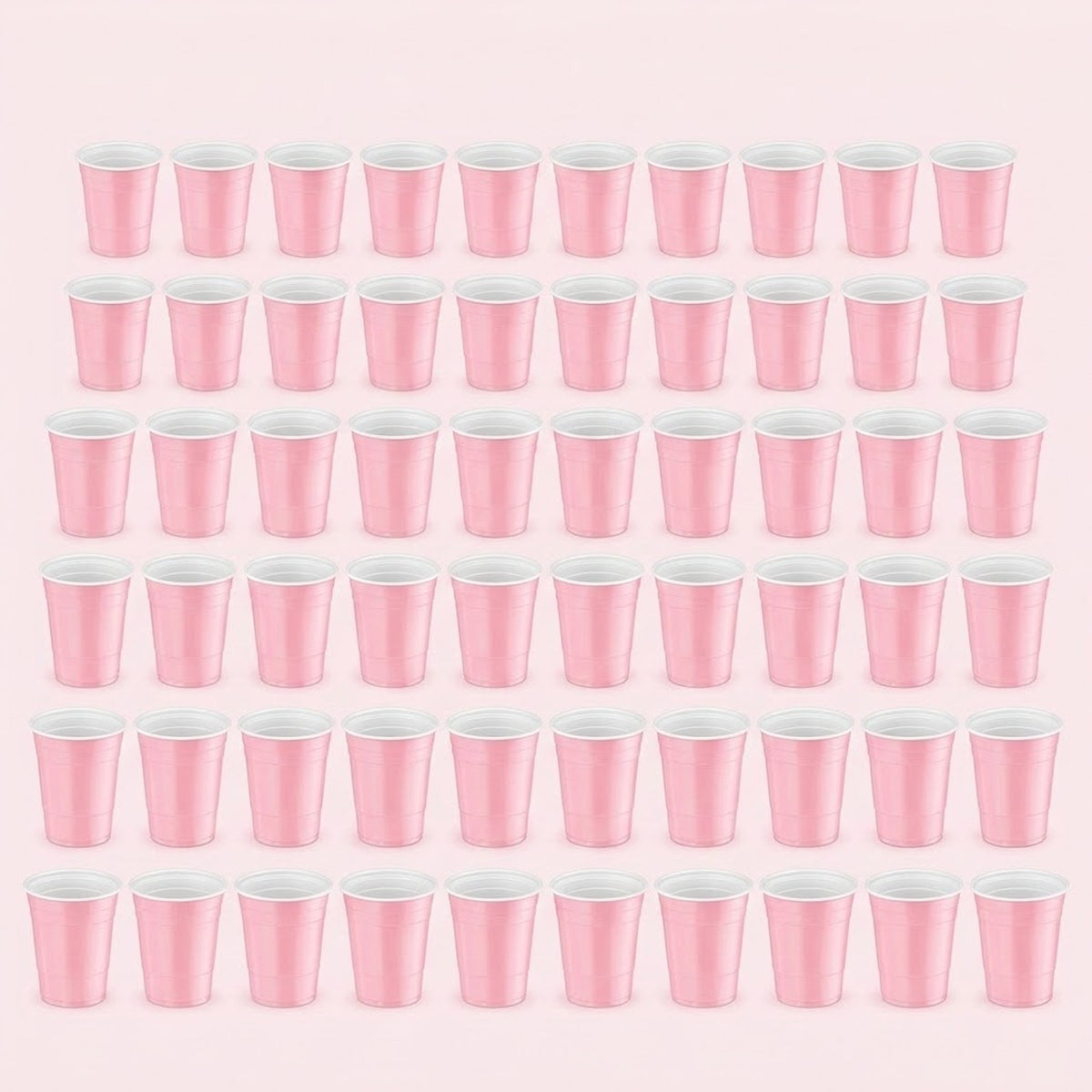 Sixty pink cups with white interiors are arranged in six rows of ten against a pale pink background.